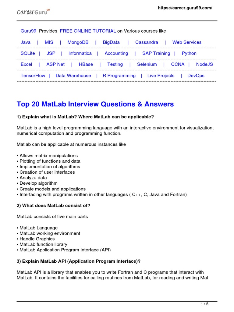 Top 20 Matlab Interview Questions PDF Matlab Computer Programming