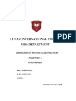 Lunar International College Mba Department: Management Theories and Practices Assignment I Article Review