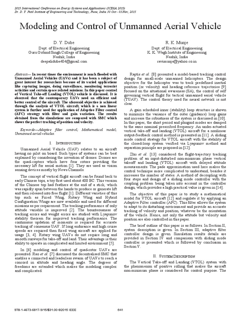 Modeling and Control of Unmanned Aerial Vehicle: D. Y. Dube R. K. Munje ...