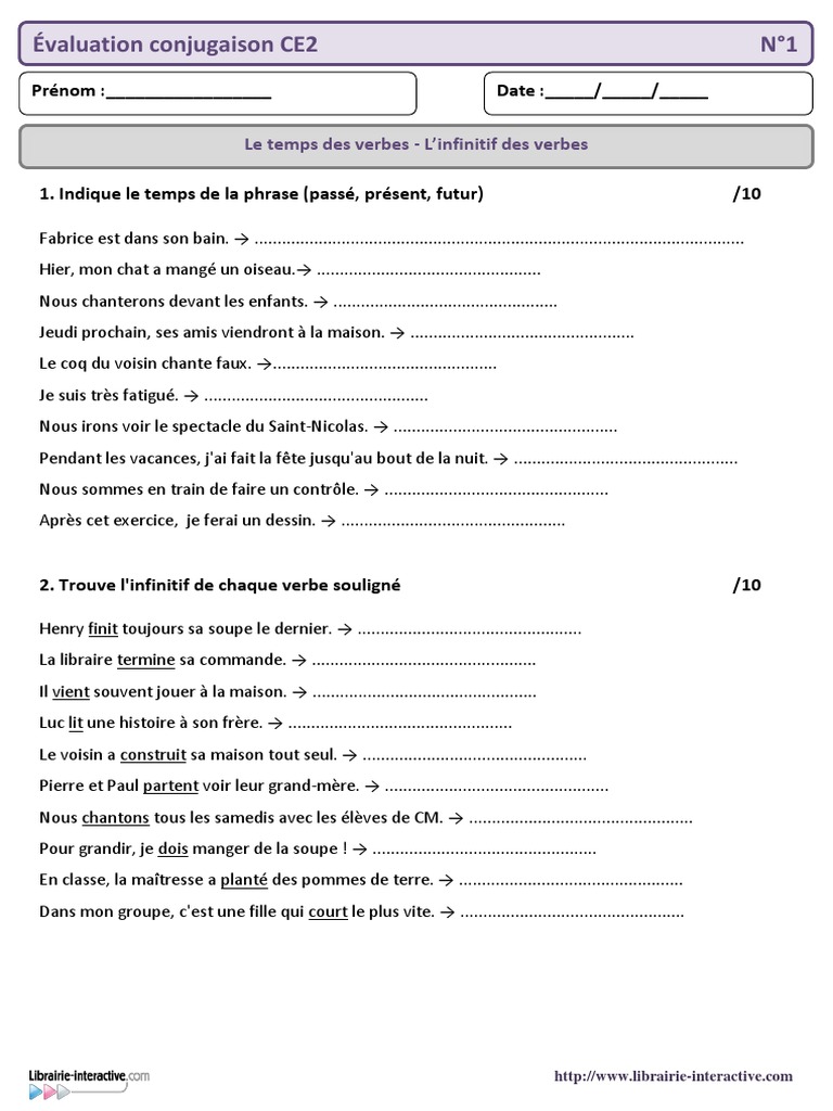 Exercices Conjugaison Ce2 En Ligne Evaluation Bilan Conjugaison Ce2 | PDF | Verbe | Linguistique