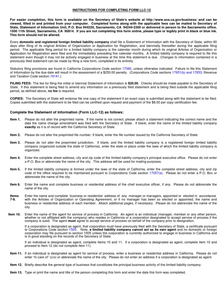 Mississippi Rules Of Civil Procedure >> CA Statement of Information - Corp Form LLC-12 | Service Of Process | Corporations Mississippi Rules Of Civil Procedure >> CA Statement of Information - Corp Form LLC-12 | Service Of Process | Corporations