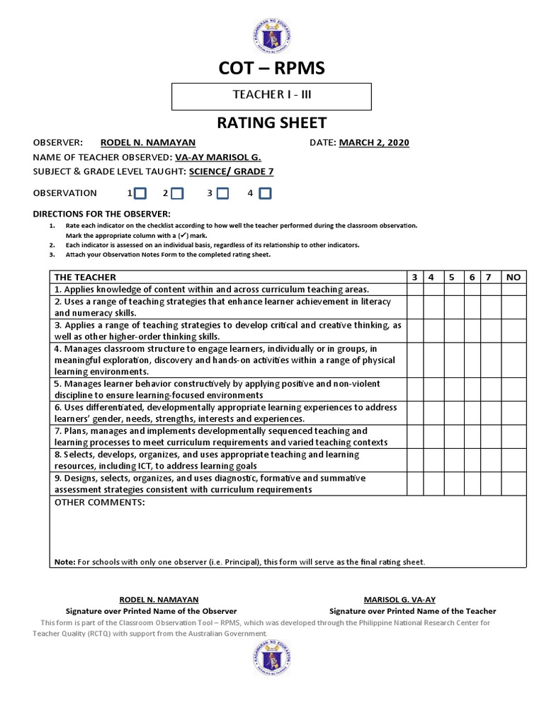 COT-RPMS Observation Rating Sheet | PDF | Curriculum | Learning
