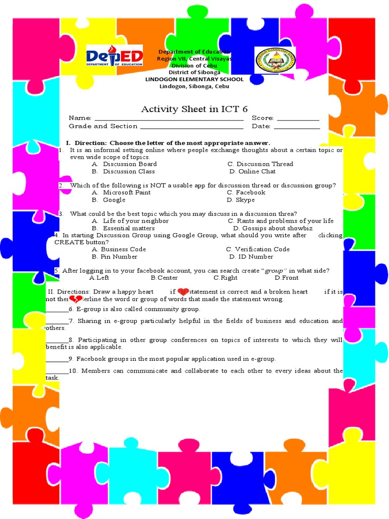 Activity Sheet in ICT 6: I. Direction: Choose The Letter of The Most ...