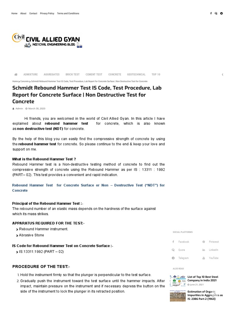 Schmidt Rebound Hammer Test IS Code, Test Procedure, Lab Report For