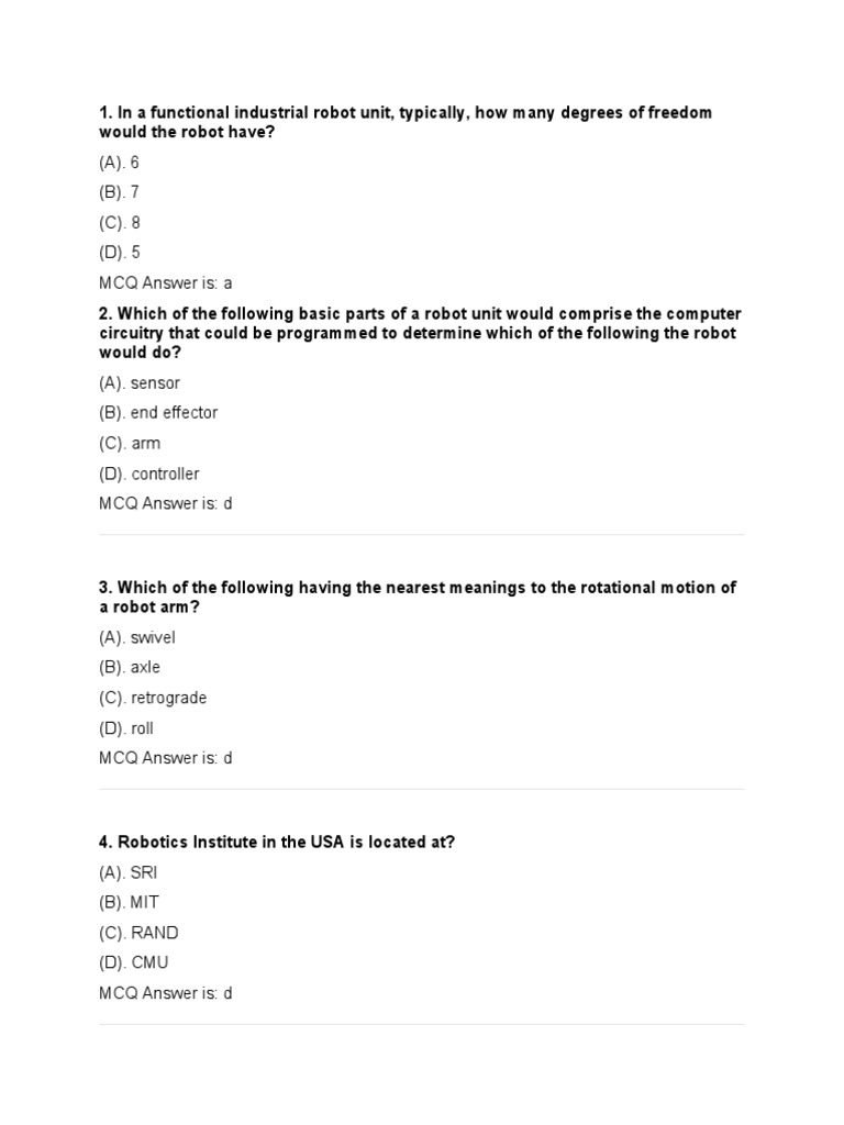 Robotics MCQs and Answers Guide | PDF | Robot | Robotics