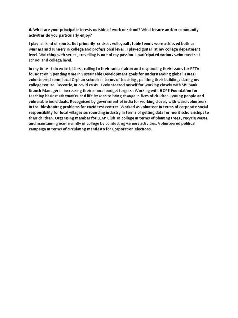 What Are Your Principal Interests Outside of Work or School | PDF