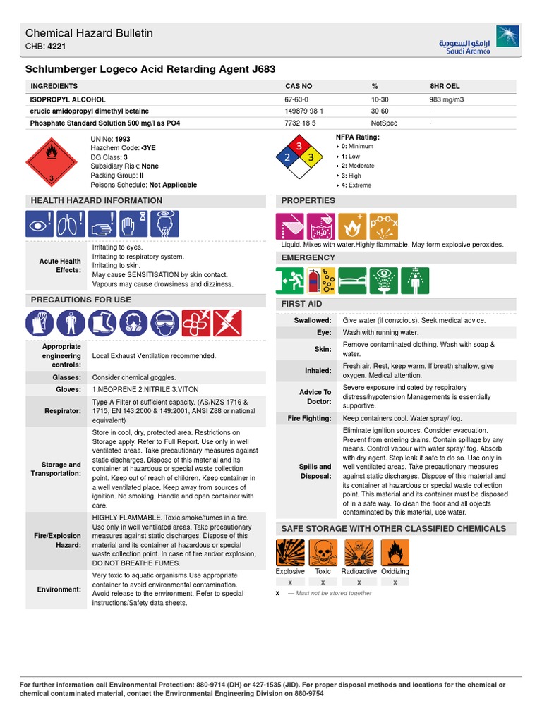 Chemical Hazard Bulletin Schlumberger Logeco Acid Retarding Agent J683