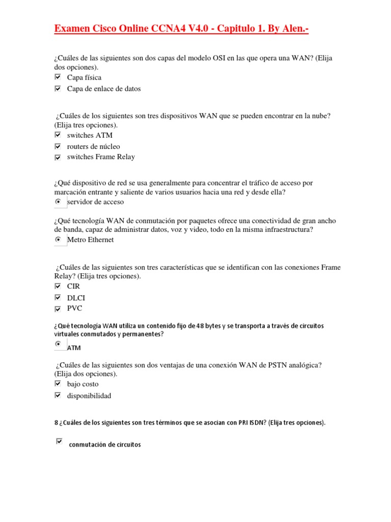 Examen Cisco CCNA4 V4.0 - Capítulo 1 | PDF | Red de área amplia | Modo ...