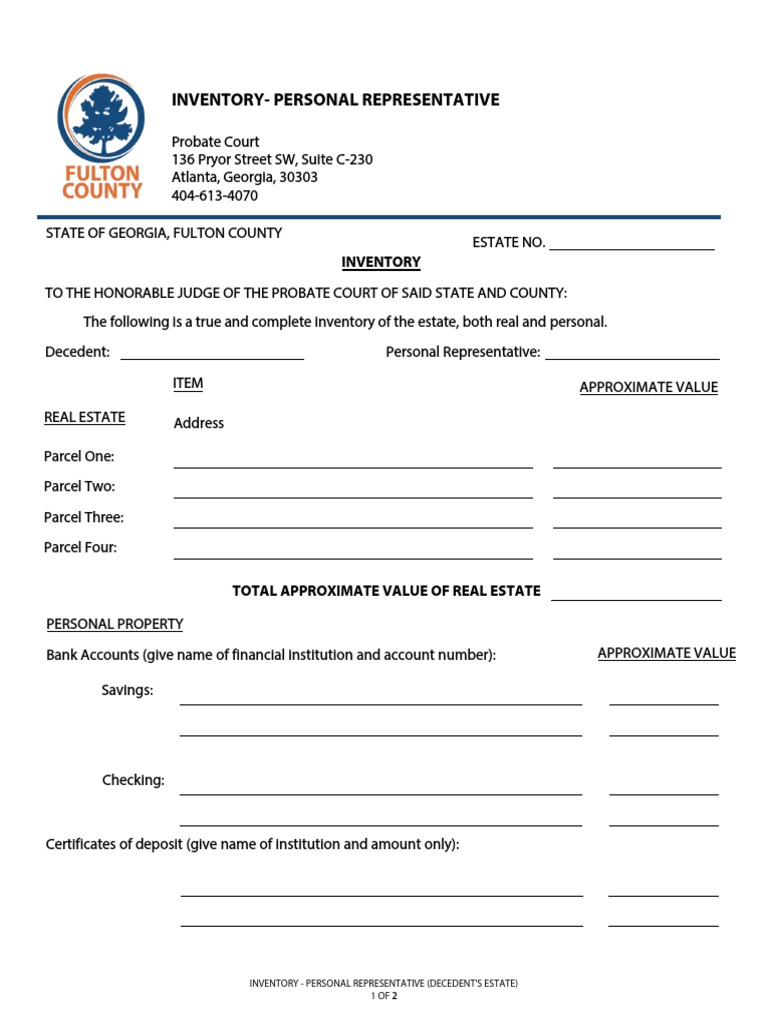 Fulton County Probate Inventory Form | PDF | Probate | Common Law