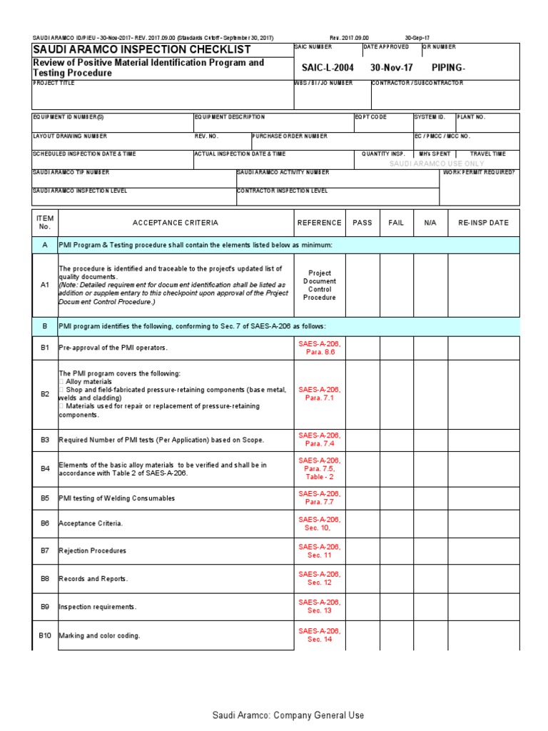 Saudi Aramco Inspection Checklist | PDF | Verification And Validation