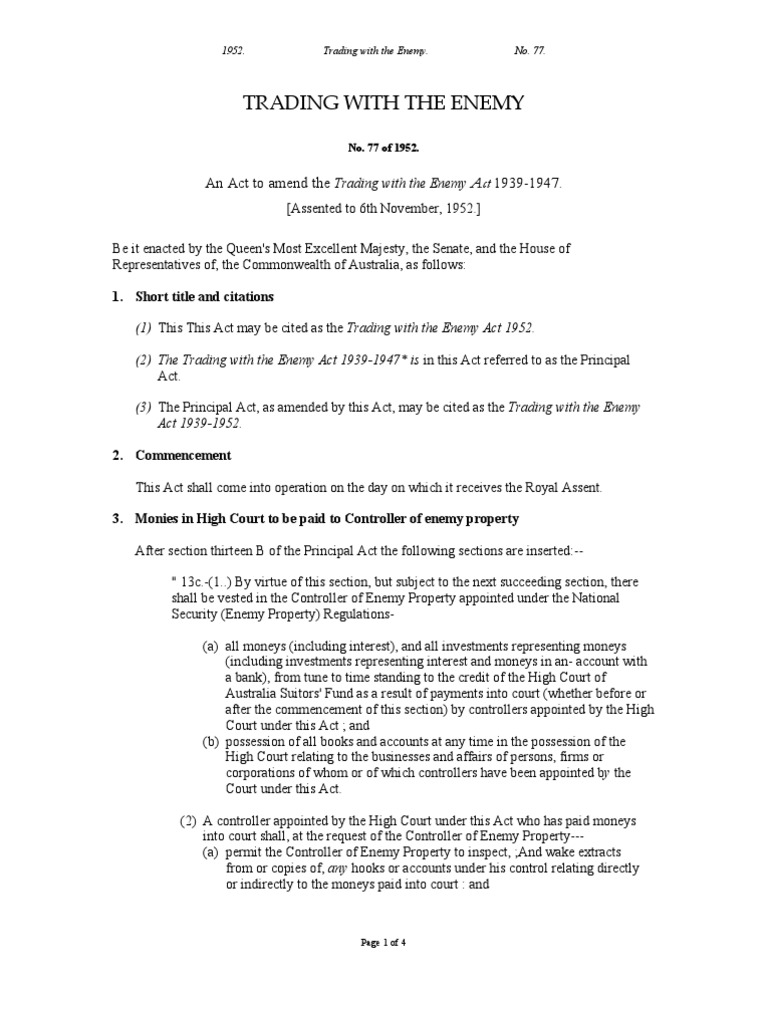Australia Trading With the Enemy Act 1952 Trust Law Treaty