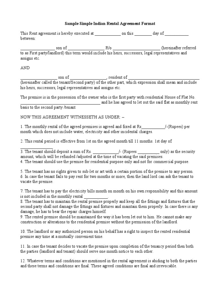 Sample Indian Rental Agreement Format Flat Property in India | PDF ...