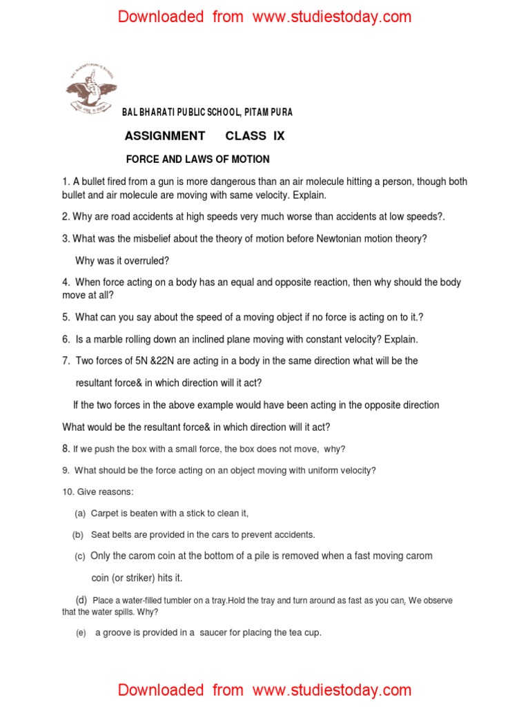 Class 9 Force and Motion Worksheet | PDF | Force | Velocity