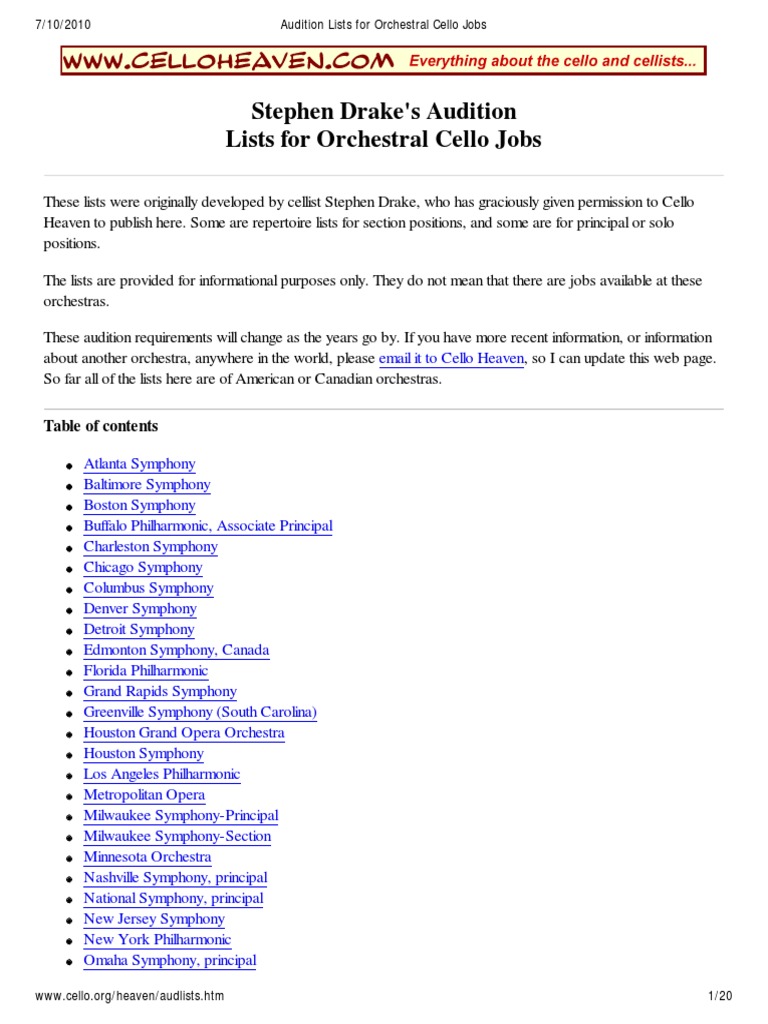 Audition Lists For Orchestral Cello Jobs PDF Orchestras Concerto