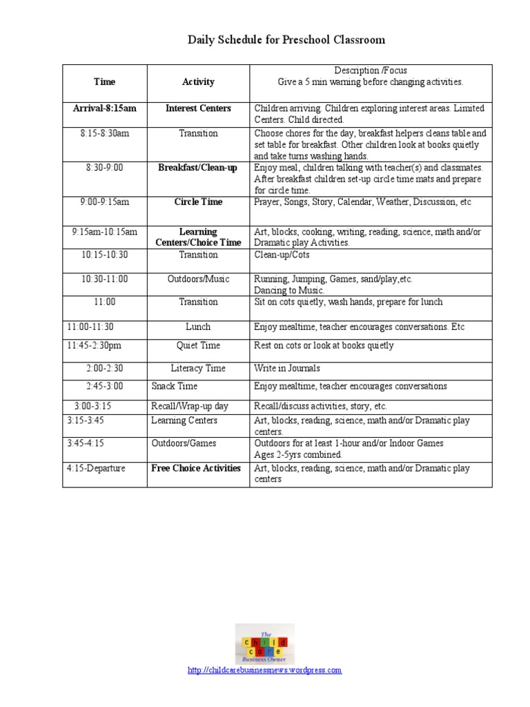 Daily Schedule for Preschool