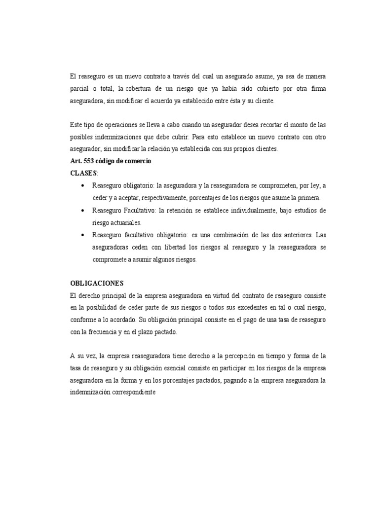 Tipos y Obligaciones del Reaseguro | PDF | Negocios | Derecho
