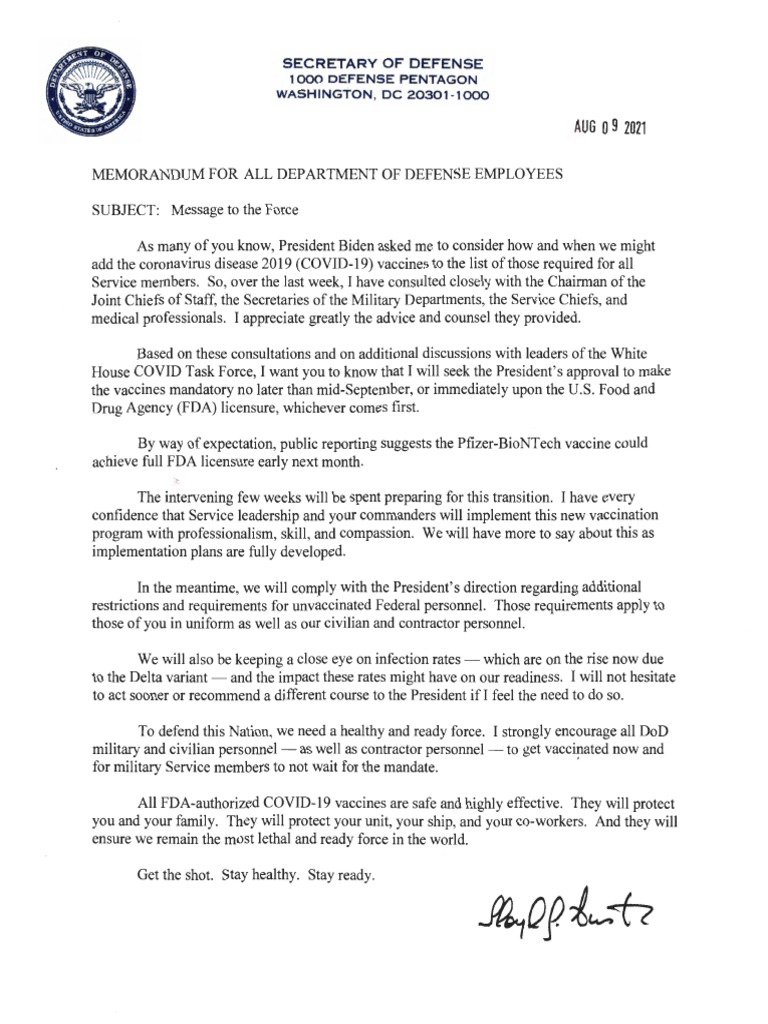 COVID-19 Vaccine Mandate for DoD Employees | PDF | United States ...