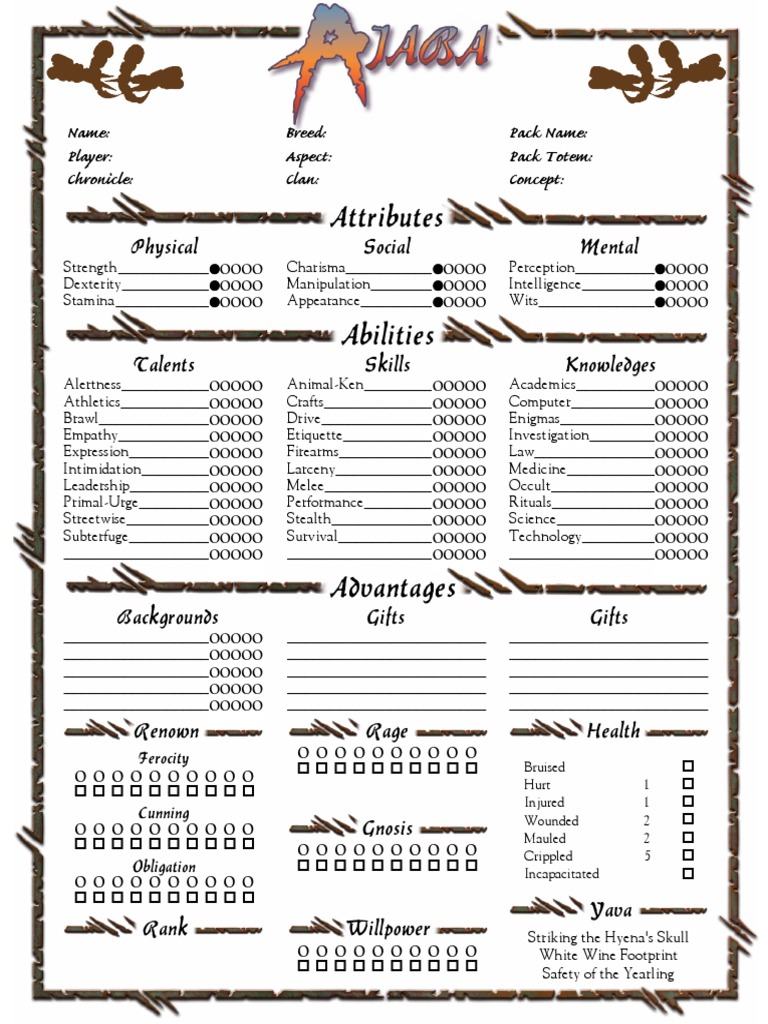 Character Sheet for a Werewolf: The Forsaken Character | PDF