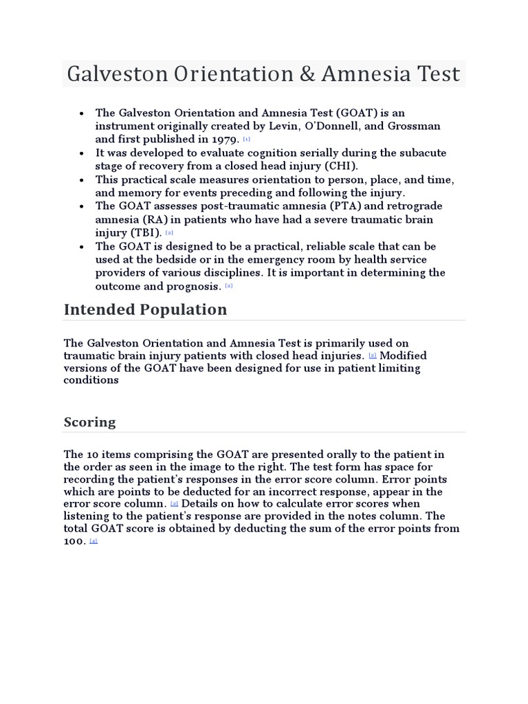 Galveston Orientation and Amnesia Test GOAT PDF Traumatic Brain