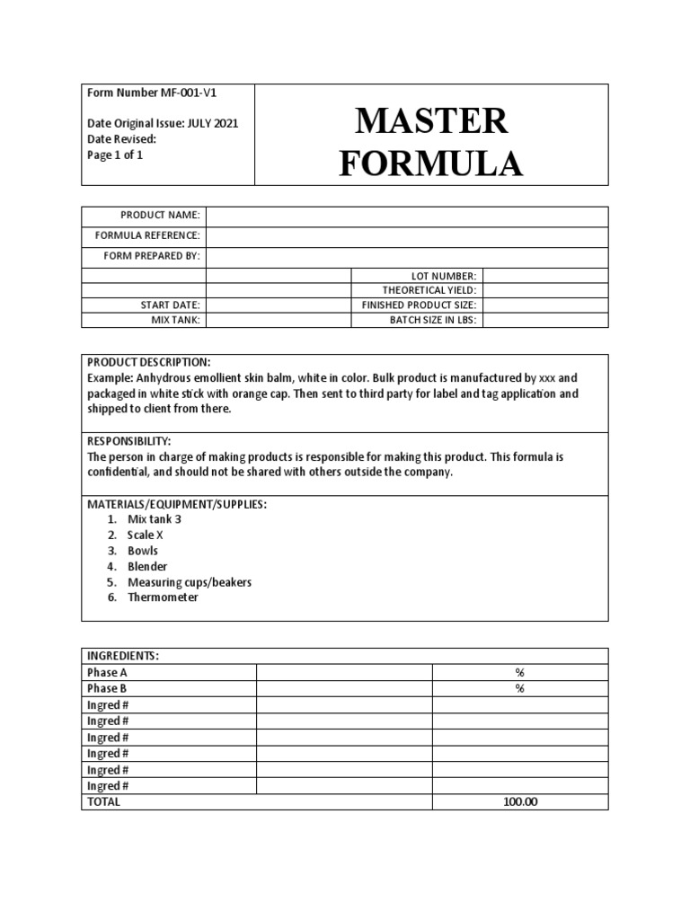 Master Formula Template Upload PDF