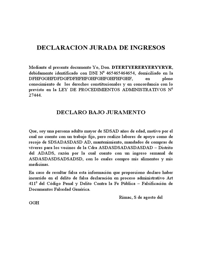 Modelo de Declaración Jurada de Ingresos | PDF