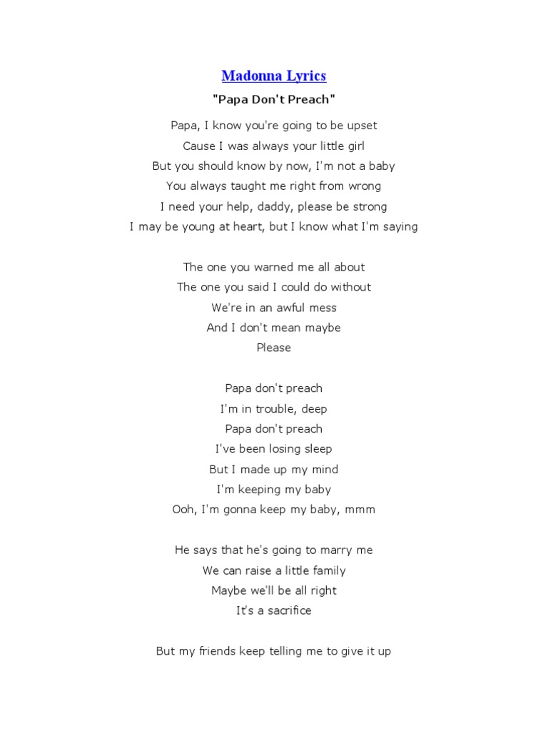 Madonna Lyrics: "Papa Don't Preach" | PDF