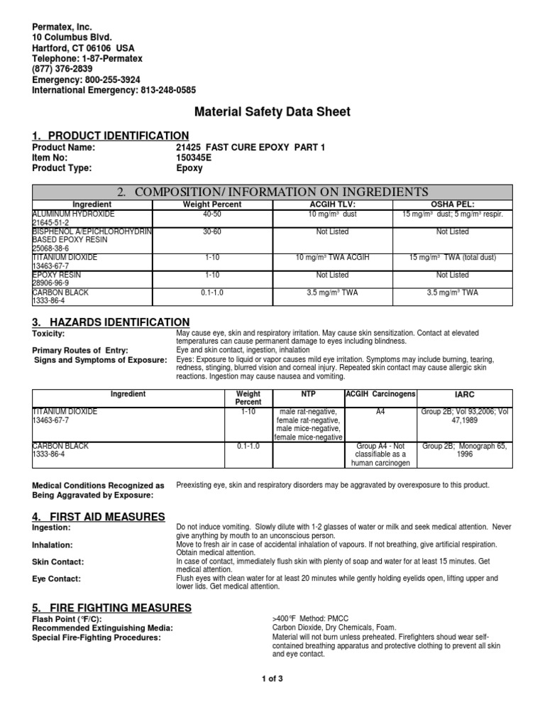 MSDS 21425 Fast Cure Epoxy Part 1 PDF Dangerous Goods Firefighting