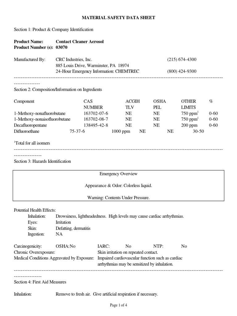 MSDS CRC Contact Cleaner Aerosol PDF Occupational Safety And Health Chemistry