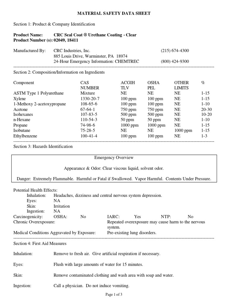MSDS CRC Seal Coat ® Urethane Coating Clear PDF Firefighting