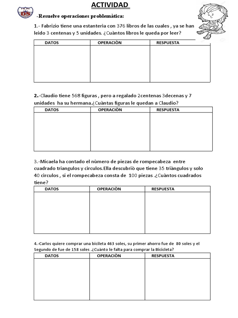 Hojas De Trabajo De Resta Para Tercer Grado