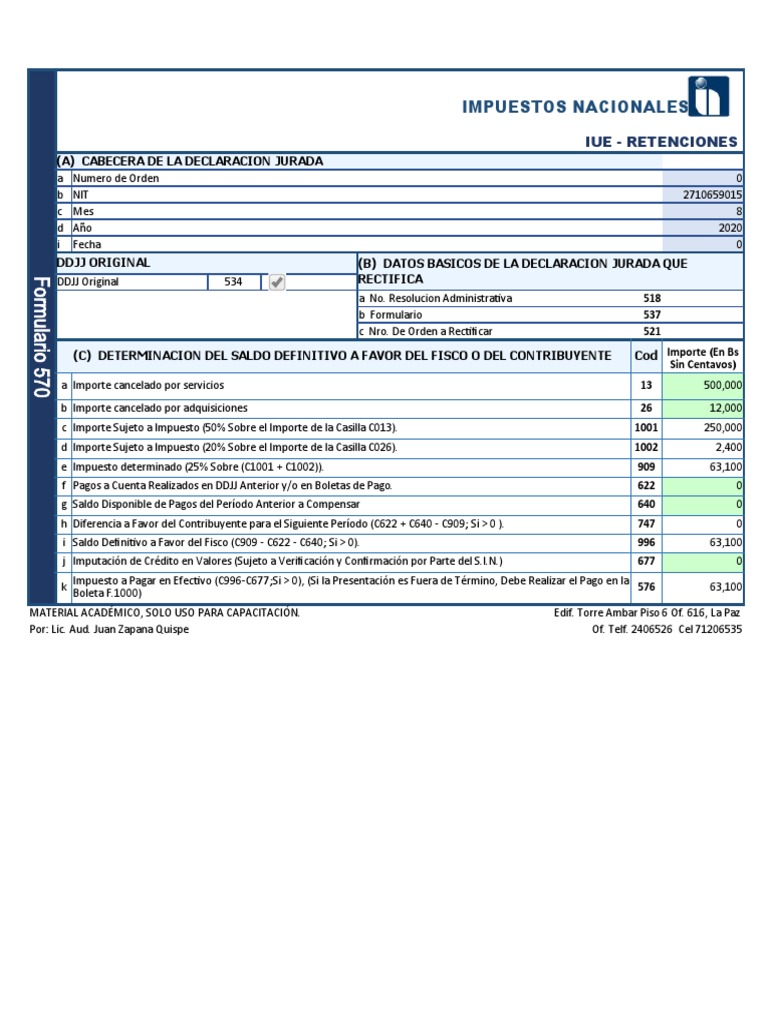Formulario 570: IUE y Retenciones | PDF