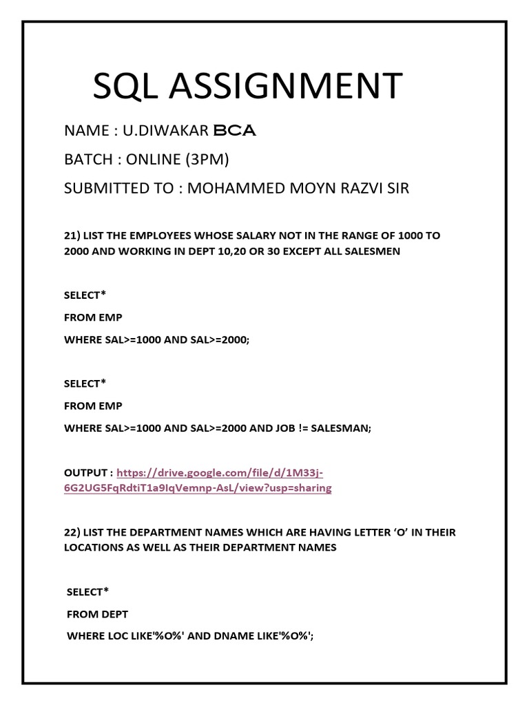 SQL Assignment by U. Diwakar | PDF | Databases | Sql