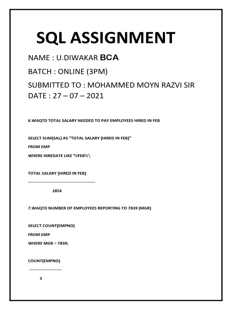 SQL Assignment by U.diwakar 2 | PDF