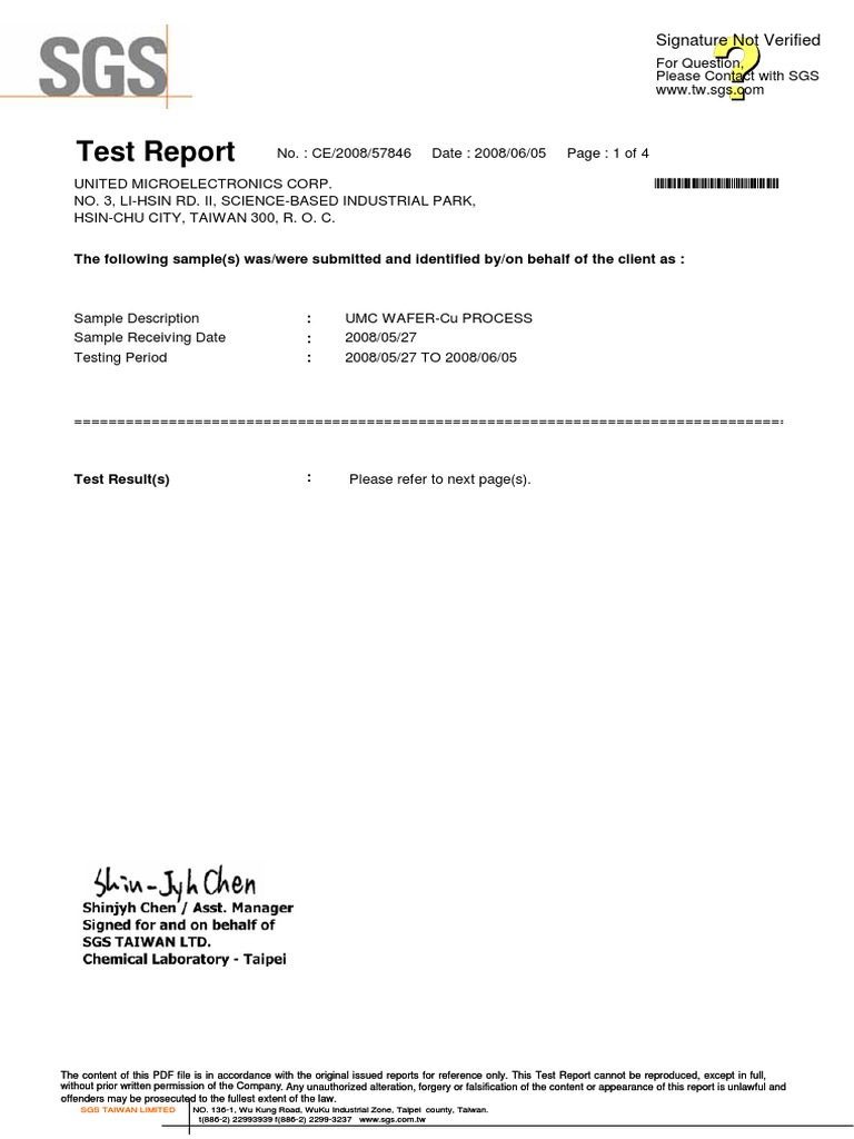 UMC Wafer Test Report CE/2008/57846 | PDF | Chemistry | Physical Sciences