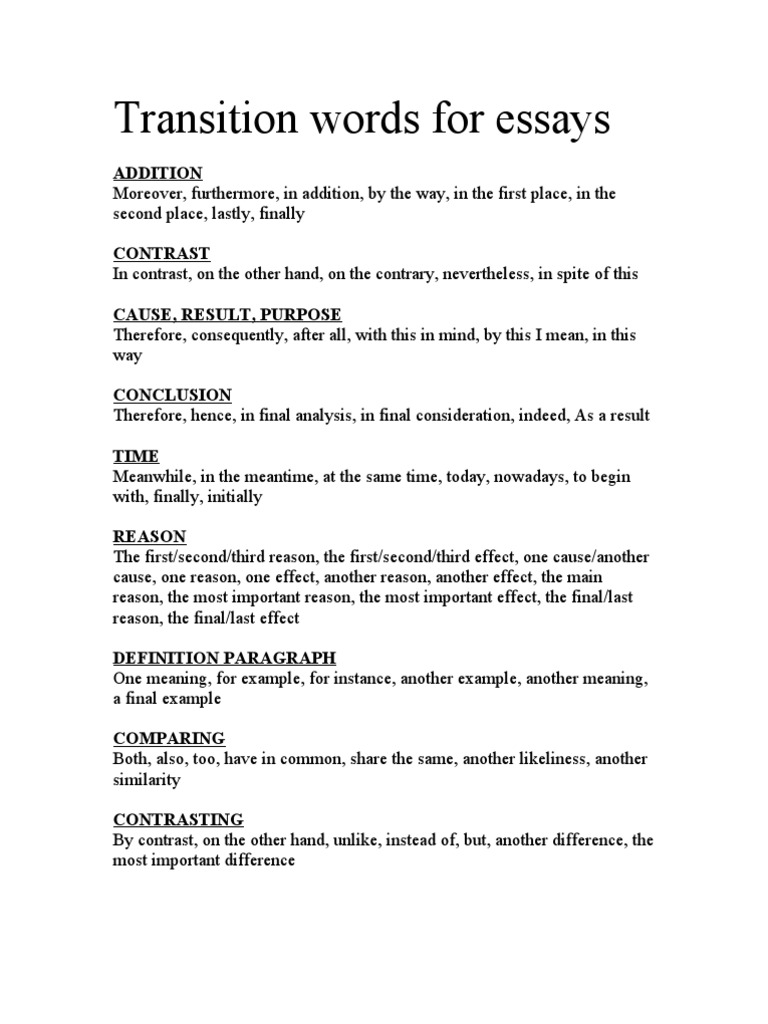 Transition Words for Effective Essays | PDF | Language Arts ...