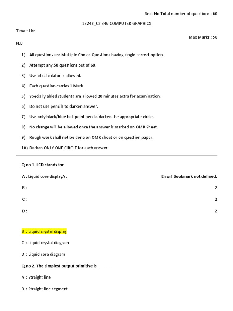 Q.no 1. LCD Stands For Error! Bookmark Not Defined PDF 2 D Computer Graphics Computer Science