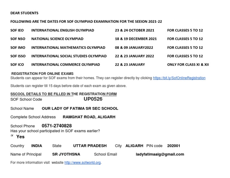 SOF Olympiad Exam Dates 2021-22 | PDF