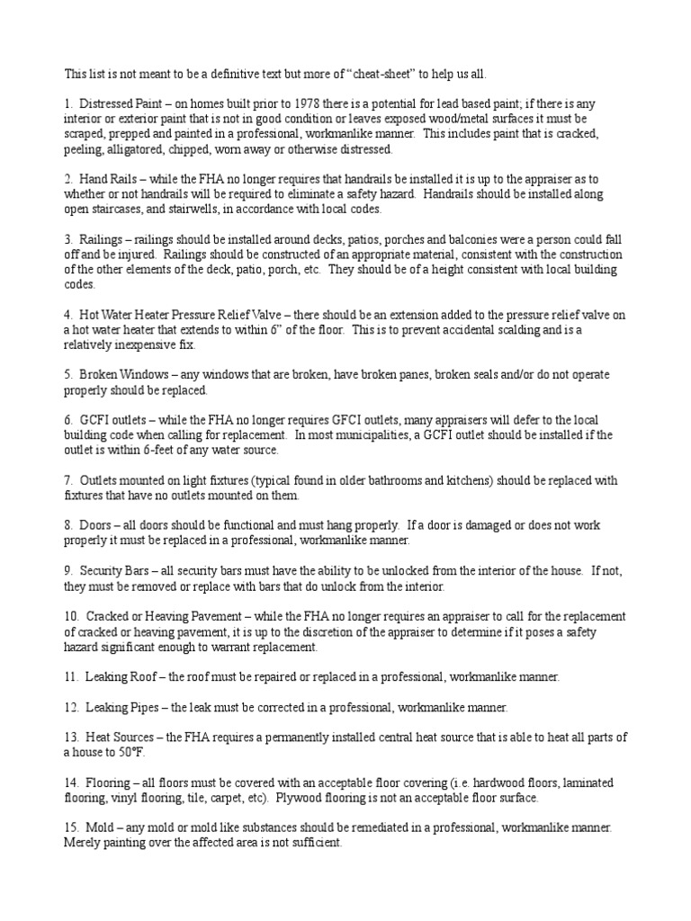 FHA Cheat Sheet PDF Flooring Sanitary Sewer