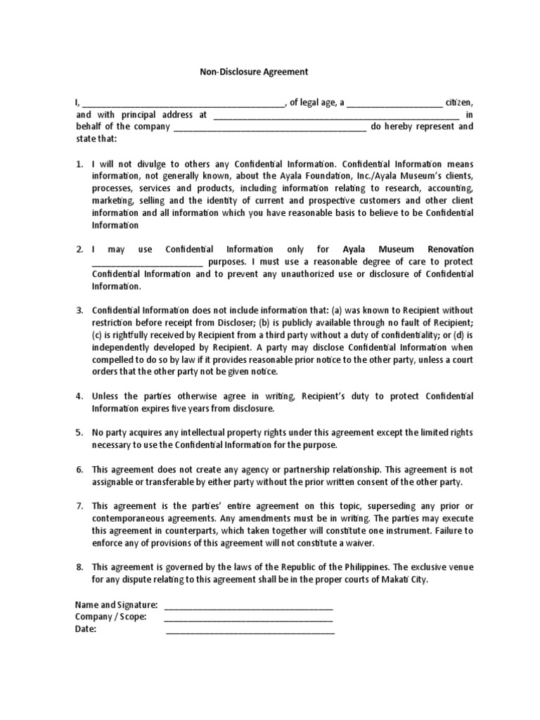 Ayala Museum Confidentiality Agreement | PDF | Confidentiality | Non ...