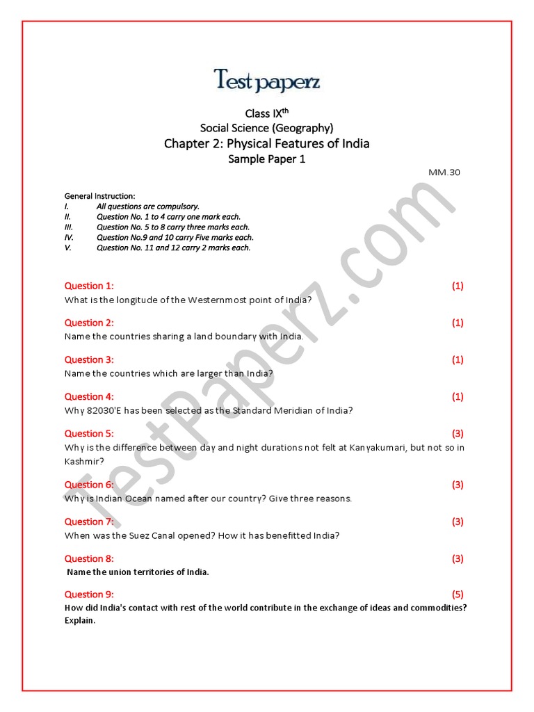 India Size and Location Sample Paper 1 | PDF | Geography