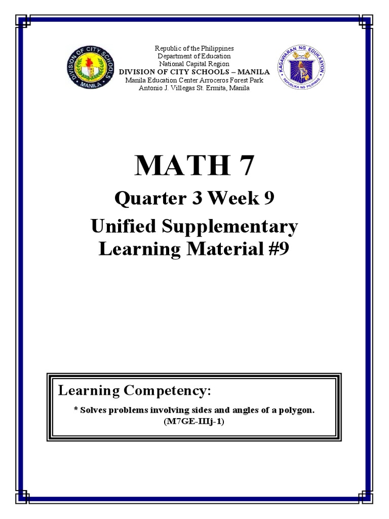 Math 7 Quarter 3 Week 9 Unified Supplementary Learning Material 9 PDF Triangle Shape