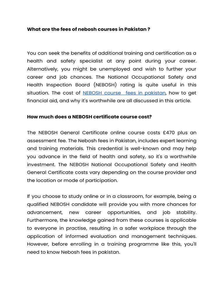 What Is The Fees of Nebosh Course in Pakistan PDF Occupational
