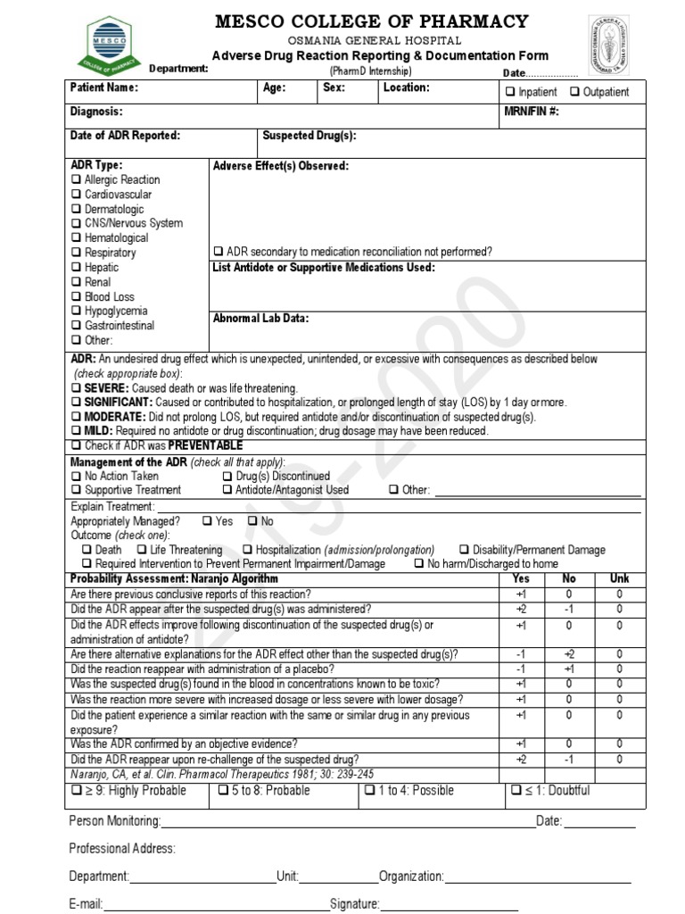 ADR Reporting Form for PharmD Interns | PDF | Chemistry | Dose ...