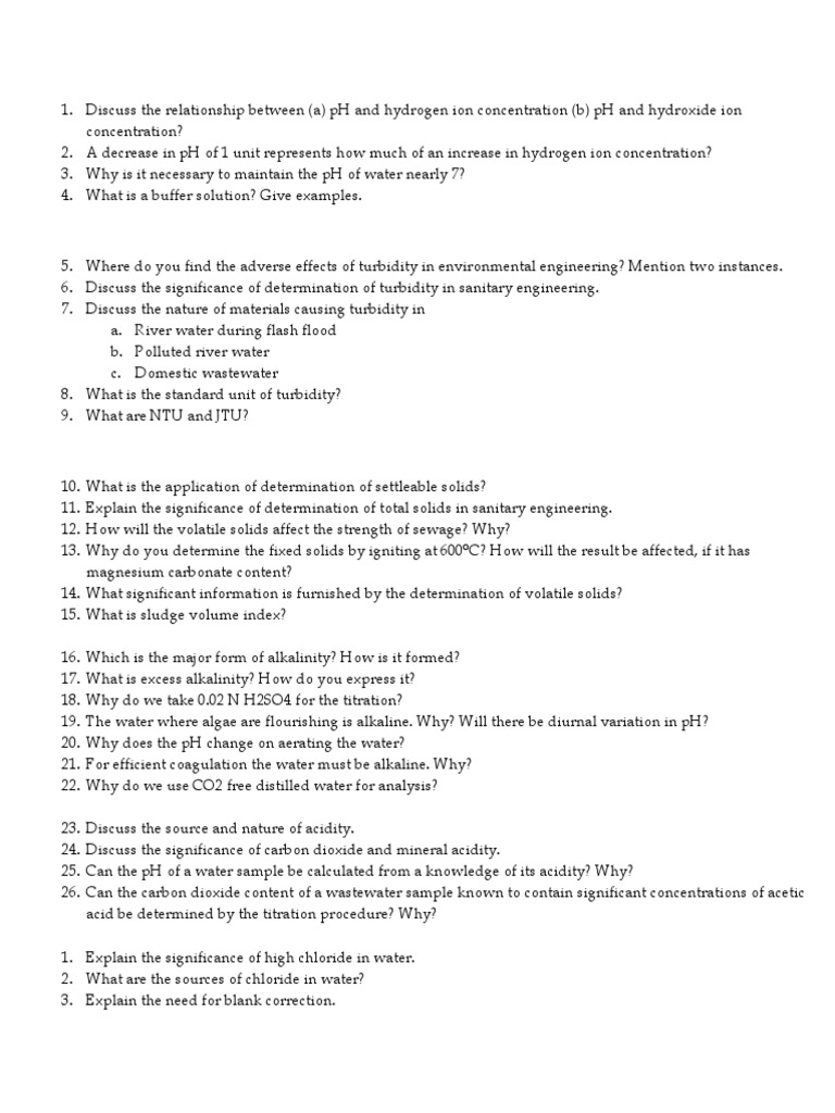 Environmental Engineering Lab Viva Questions PDF Ph Alkalinity