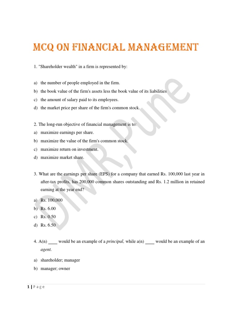 Mcq On Fm Pdf Cost Of Capital Stocks