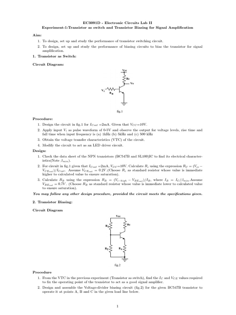 Transistor Switching and Biasing Lab | PDF | Amplifier | Electronic ...