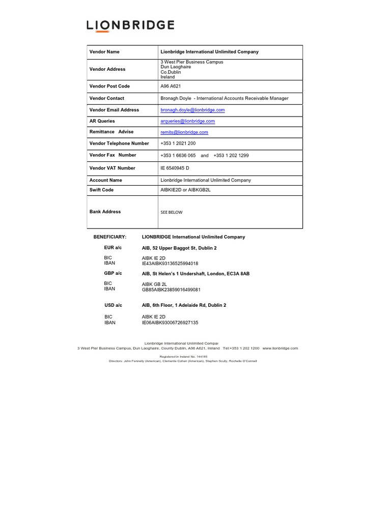 Lionbridge Company Bank Details Letterhead | PDF