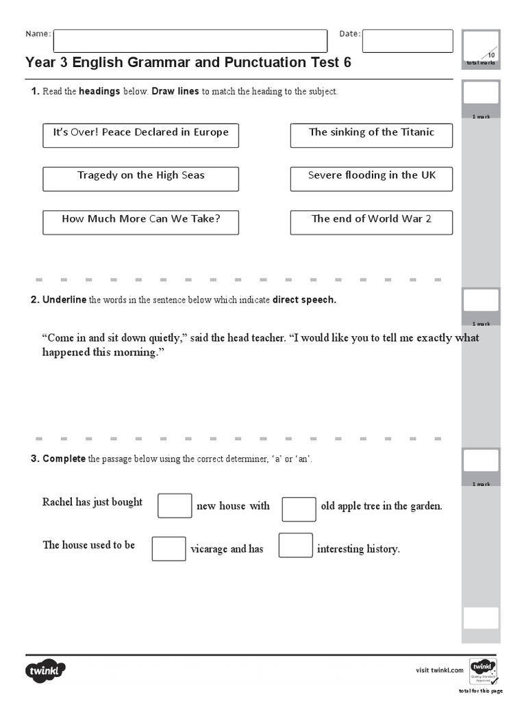 Year 3 English Grammar and Punctuation Test 6 | PDF | English Grammar ...