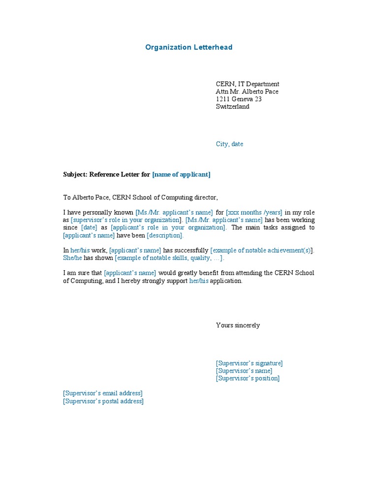 Reference Letter Template for CERN | PDF
