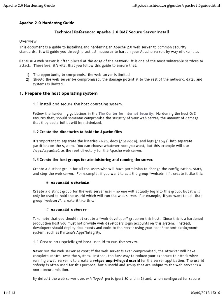 Apache 2.0 Security Hardening Guide | PDF | Apache Http Server | World ...